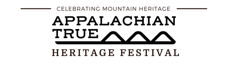 Line drawn mountains in black with the text Celebrating Heritage Appalachian True above the horizon and Heritage Festival under the horizon