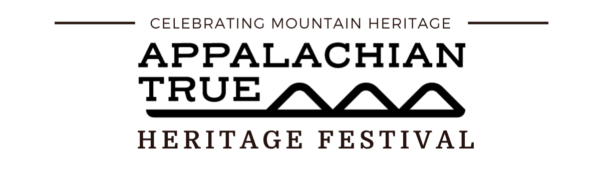 Line drawn mountains in black with the text Celebrating Heritage Appalachian True above the horizon and Heritage Festival under the horizon